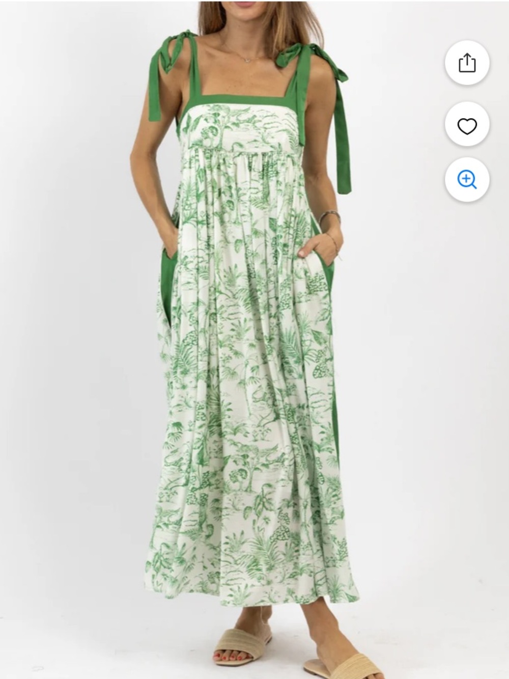 NWT IN LOOM Tropical Tree Green Maxi Dress with Pockets and Tie Straps Sz Large